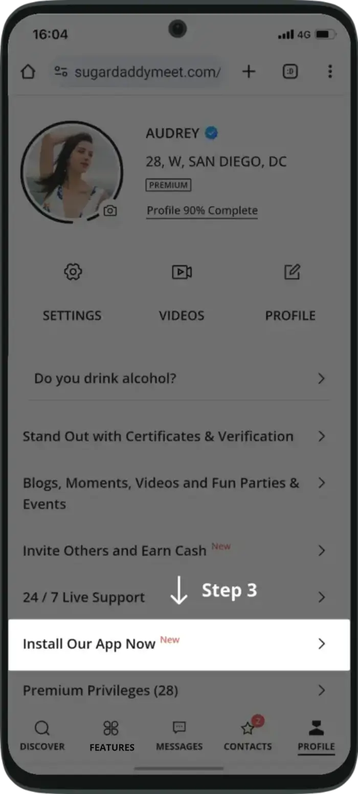 SugarDaddyMeet Profile screen with Install Our App Now highlighted as step three