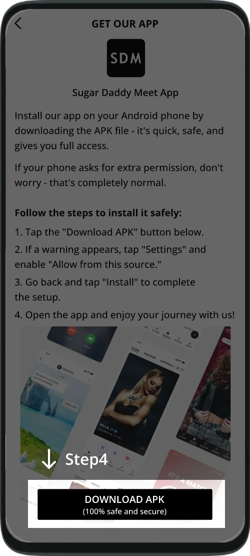 SugarDaddyMeet Android screen with DOWNLOAD APK highlighted as step four
