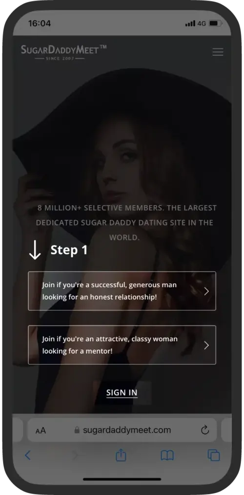 SugarDaddyMeet open in Safari with the first step marked