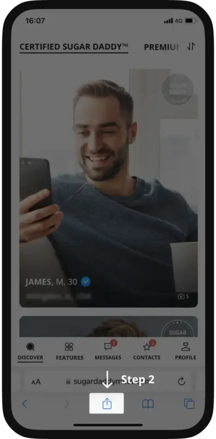 Safari Share button highlighted below the SugarDaddyMeet screen