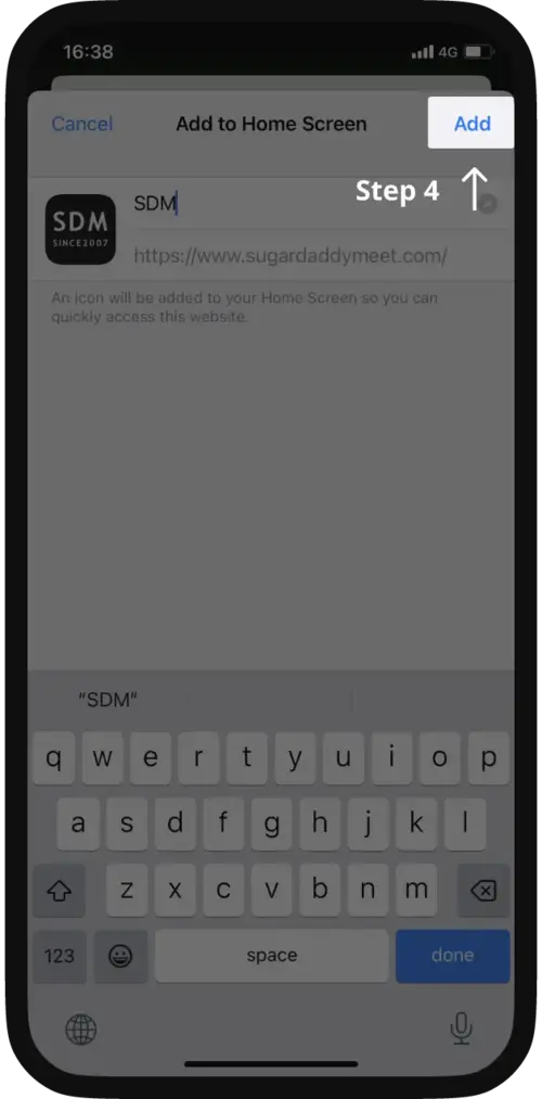 Safari confirmation screen for adding the SDM shortcut