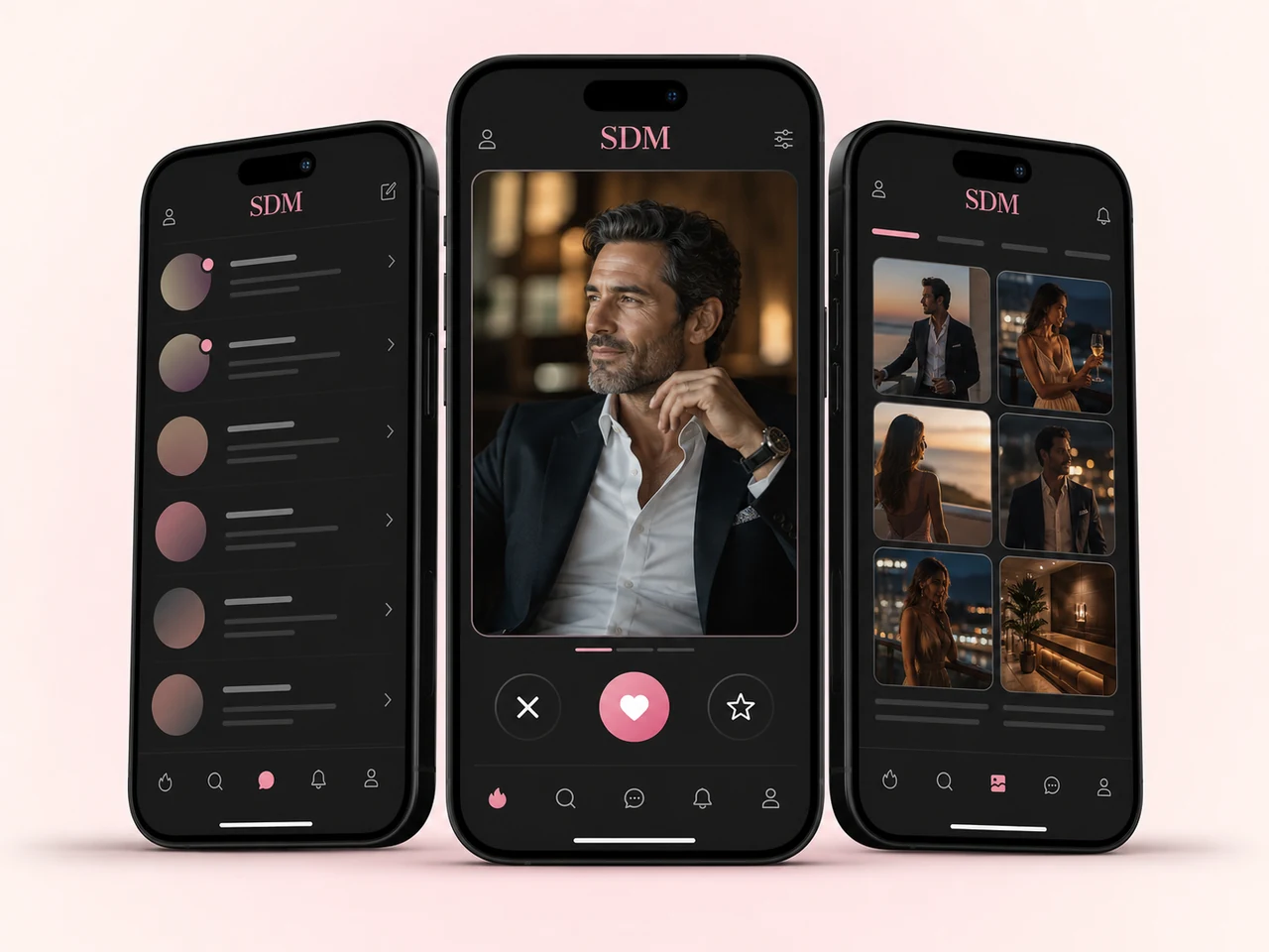 Three phones presenting an illustrative SDM mobile interface composition